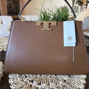 Tory Burch Brown and Gold Satchel with Structured Design